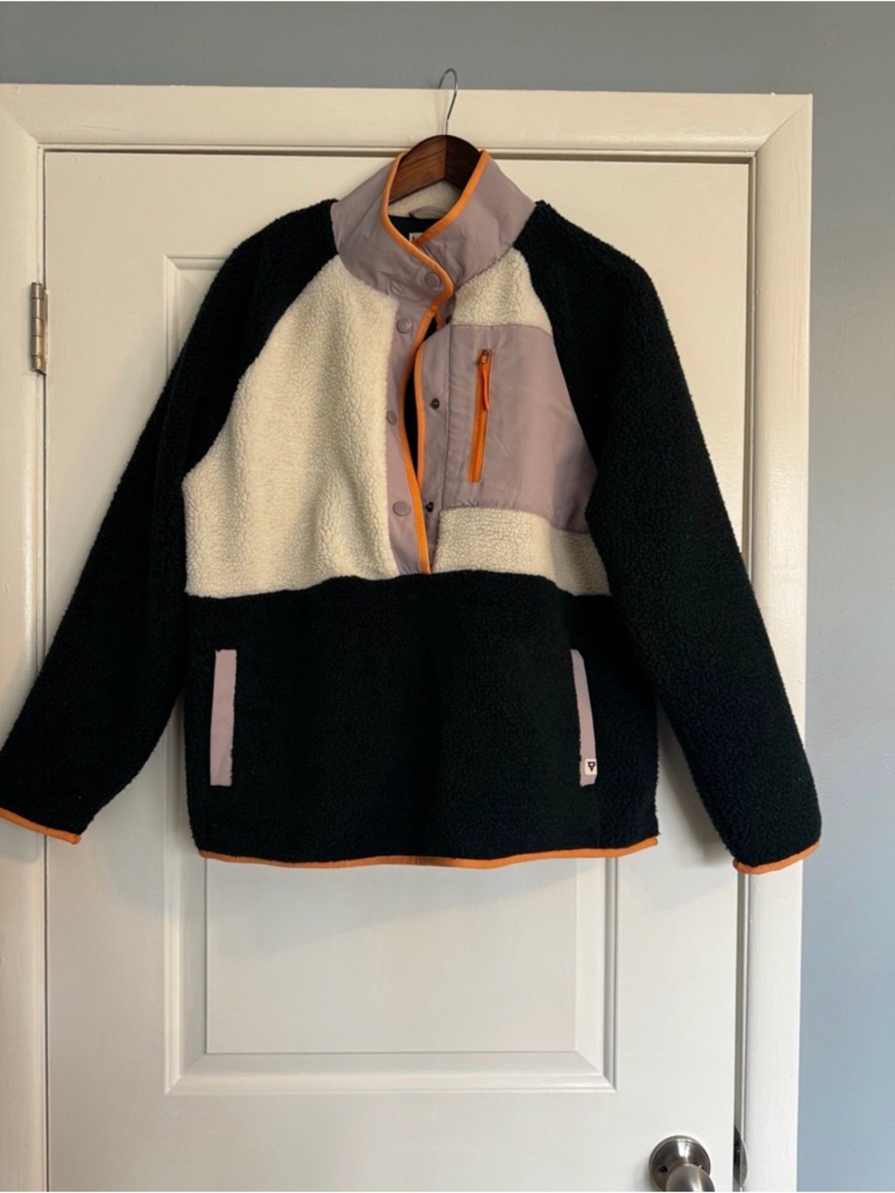 Women’s Black & Cream Sherpa Pullover Jacket with Lavender Accents